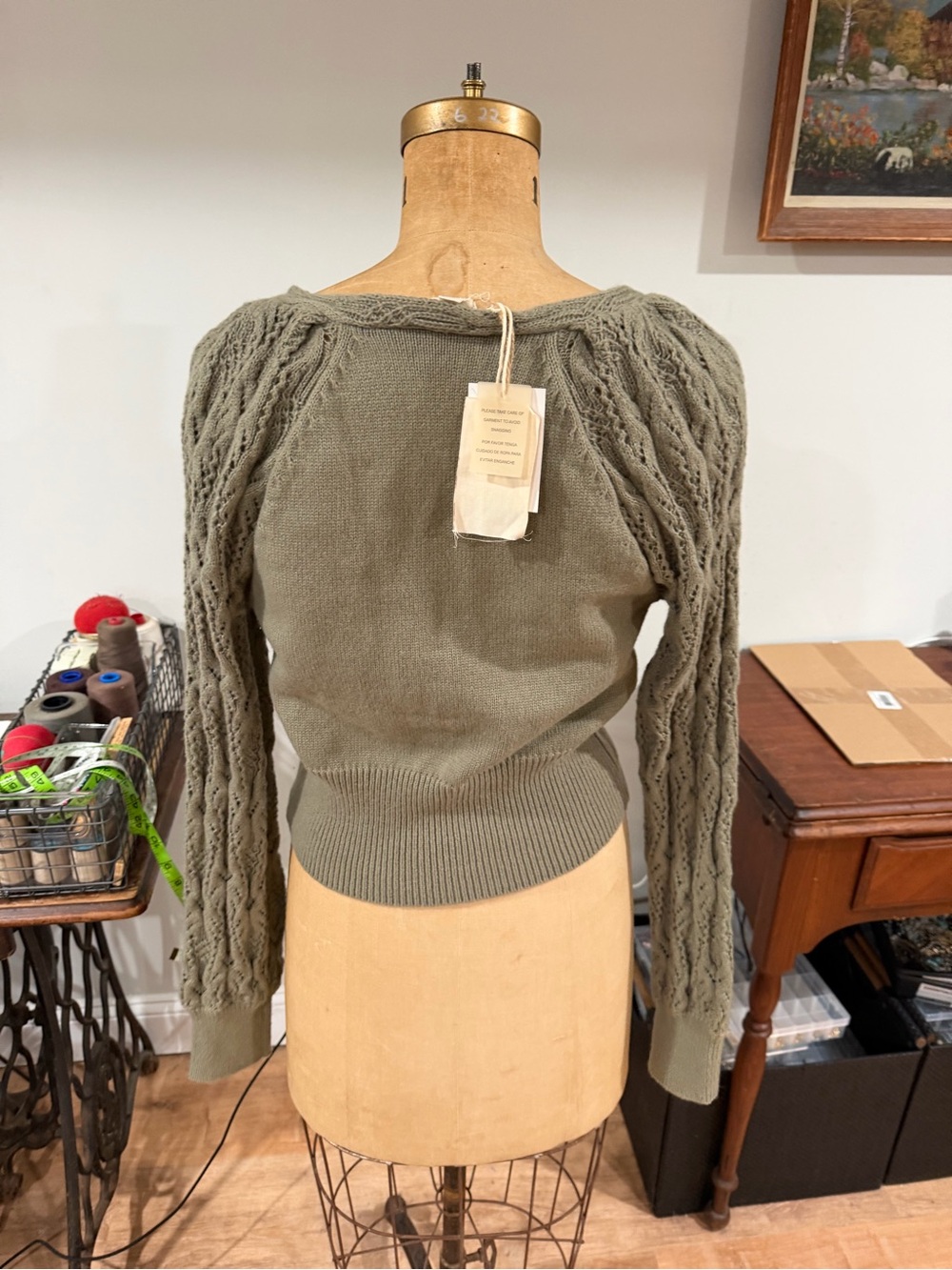 Hem & Thread Olive Green Cable Knit V-Neck Wrap Sweater with Double Buttons - Picture 2 of 4